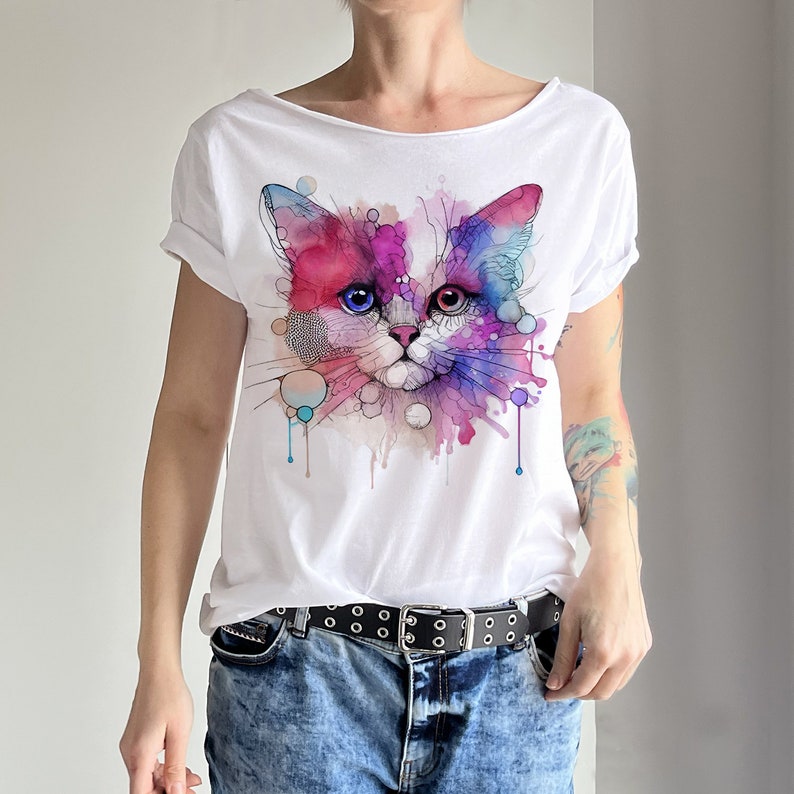 Cute Cat Aquarelle Boho Colorful Cat Colorful Cat Tshirt Slouchy Shirt Off the shoulder White Painting Off shoulder Womens Clothing image 1