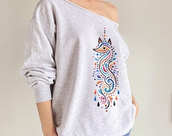 Fox Boho Perles Sweat-shirt gris coupé pour femme Sweat-shirt épais à col large Sweat-shirt à col tombant avec imprimé coloré