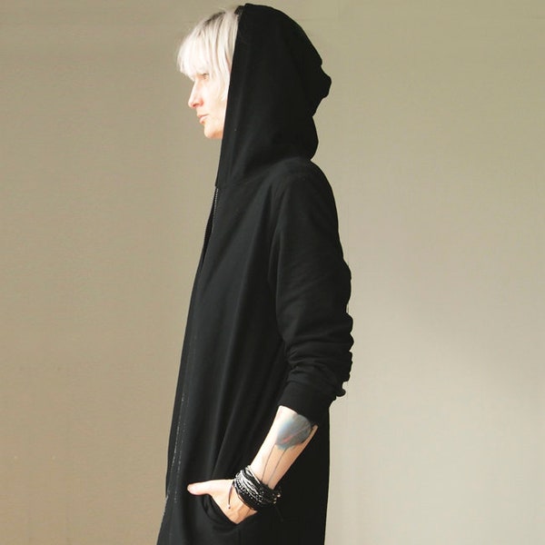 Czarna Asymetryczna Bluza Onesize Oversize Kaptur Streetwear Handmade