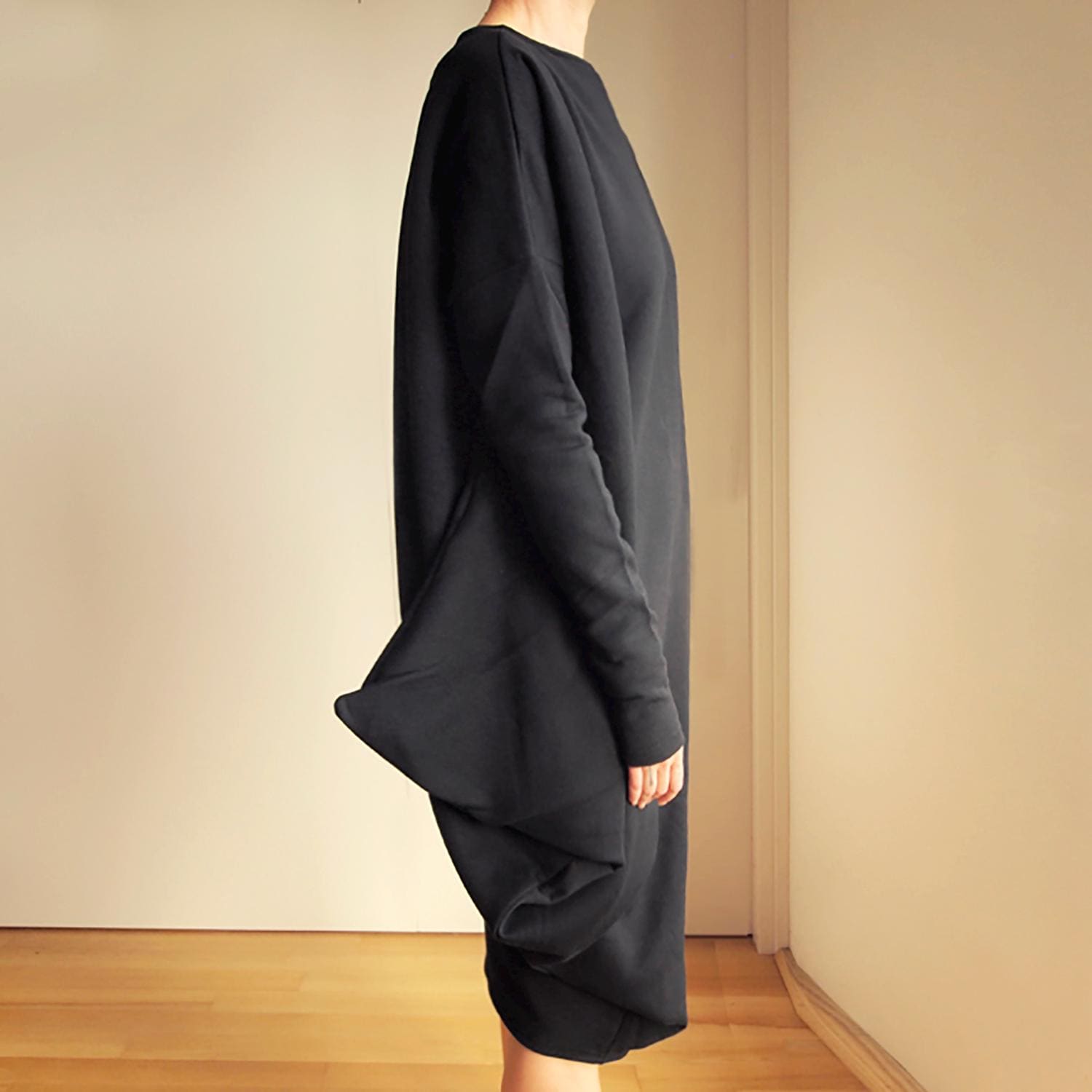 black long sleeve ruched asymmetric knitted dress Leset Women's Lauren Ruched Asymmetrical Dress - Black