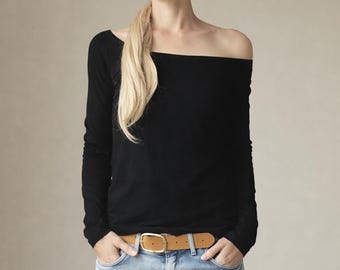 Black long sleeve top with soft elastic neckline – feminine, poetic minimalism in motion, handmade cotton elegance for every day