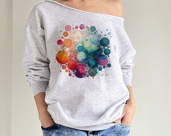 Kleurbubbels Grijs gesneden sweatshirt Aquarellen Kleurrijke print Damessweatshirt Dik sweatshirt met wijde hals Lage hals