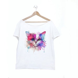 Cute Cat Aquarelle Boho Colorful Cat Colorful Cat Tshirt Slouchy Shirt Off the shoulder White Painting Off shoulder Womens Clothing image 2