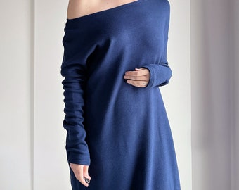 Blaues Oversize-Kleid, lockeres, feminines Pulloverkleid, Oversize-Sweatshirtkleid, blaues Kleid, blaues Umstandskleid