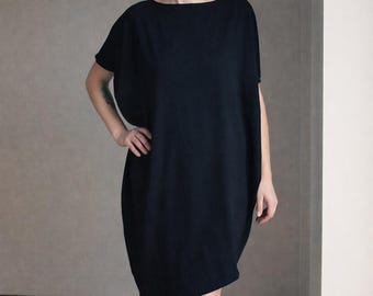 Black asymmetrical cotton dress - artistic batwing cut, unique feminine style