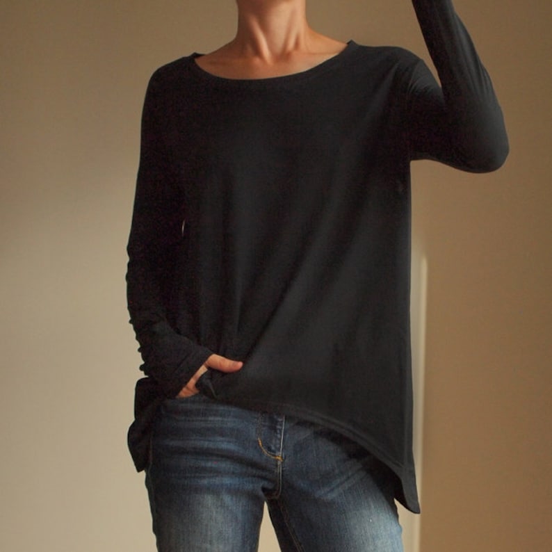 Black asymmetric oversize blouse with long sleeves image 2