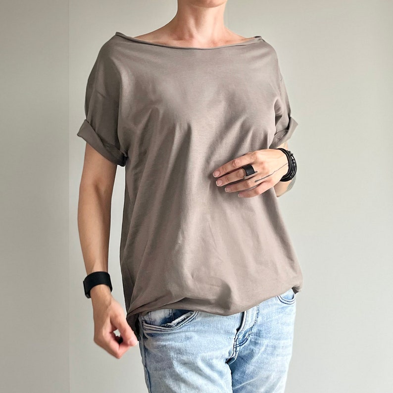 Zwart Oversize S-XXL Asymmetrische Tshirt T-shirt Hellende Hals Slouchy afbeelding 3