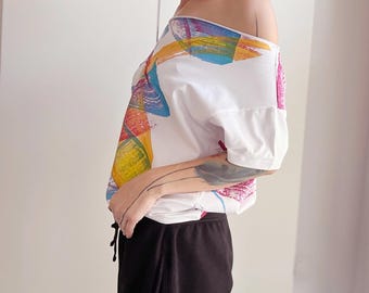 Abstract Brush Stroke T Shirt Women Oversize Cotton Graphic Tee Colorful Art Shirt Hand Painted Design S M