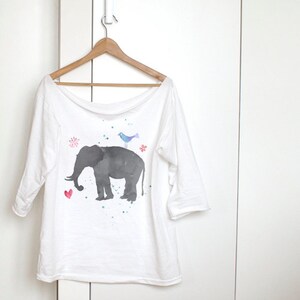 T-SHIRT ELEPHANT WATERCOLORS Funny Tshirt Slouchy Shirt Off the shoulder Slouchy tshirt Offshoulder Funny Oversized Wide neck Tee comfy Gift image 2