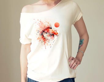 Vanilla ecru handmade koi fish t-shirt – orange red watercolor print, wide feminine neckline, soft cotton One Mug A Day