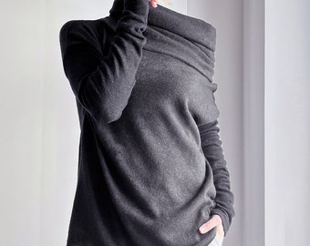 Hoher Rollkragenpullover, dicker schwarzer Pullover, Sweatshirt, übergroß, Original, Unikat, handgefertigt