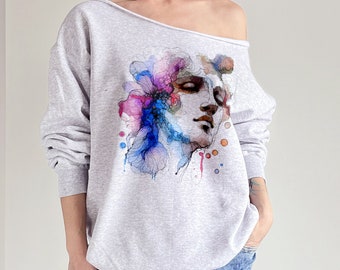 Boho Classic Aquarelle Buntes Grau-Sweatshirt mit Schnittausschnitt Dickes Damen-Sweatshirt mit weitem Ausschnitt