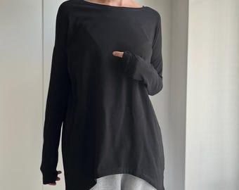 Black Oversize Blouse with Extended Sides Narrow sleeve, asymmetrical blouse black blouse also Maternity Style and Comfort