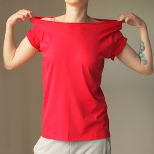 Red Tshirt Red Oversize Tshirt Red Feminine Tshirt Slouchy Shirt Off the shoulder Slouchy tshirt Off shoulder T-shirt Womens Clothing image 1