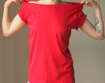 Rotes Kurzen Hülse Rot Übergroßes Hemd  Kurtze Rotes Oversize T-Shirt Lustiges T-Shirt Slouchy Hemd weg von der Schulter Slouchy T-Shirt