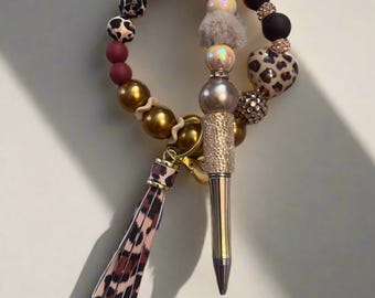 Wrislet and Pen Set - Brown beige Glass & Silicone Beads