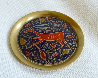 Brass enamel jewelry bowl gazelle antelope handicraft true vintage 50s 60s interior