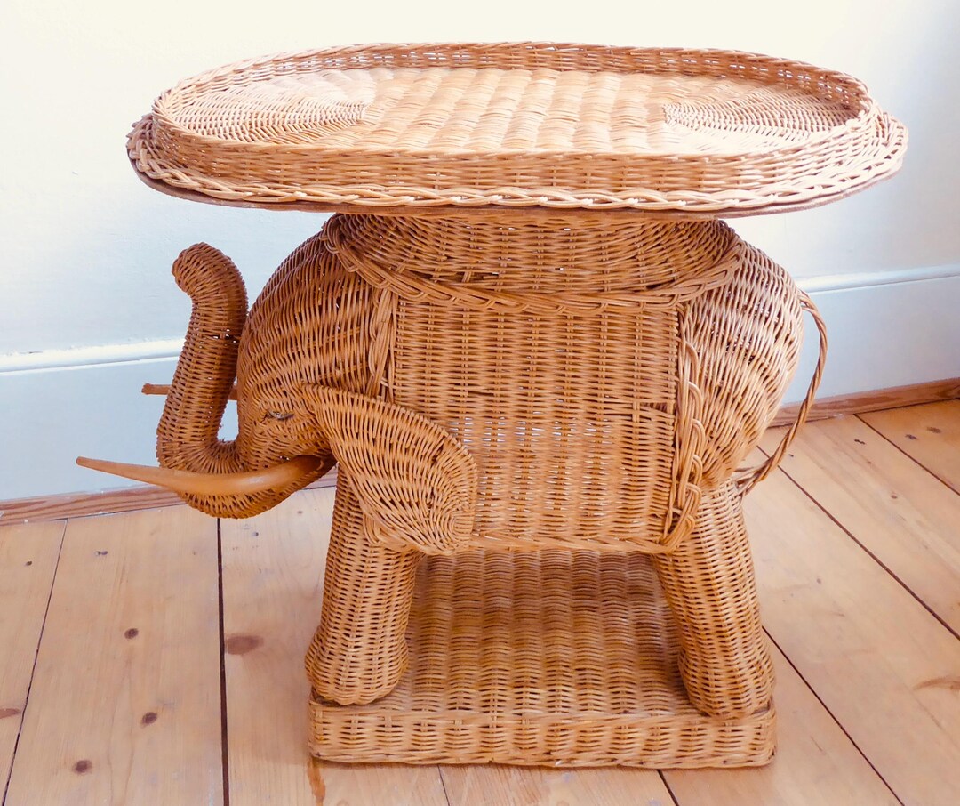 Rattan Elephant Basket Side Table Tray Sculpture France 60s 70s Mid ...