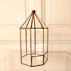 May include: A hexagonal glass terrarium with a peaked roof, framed by dark metal. The clear glass panels are empty. The terrarium is displayed on a clear surface, reflecting the light. The overall design is geometric.