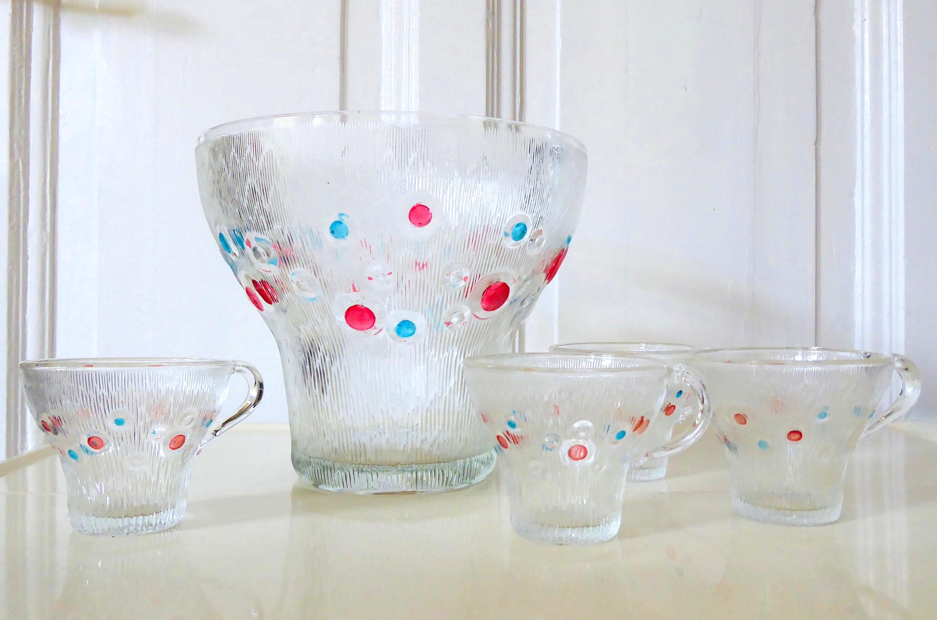 Bowle Glas Set DDR 70er Jahre Vase 4 Gläser Tassen true Vintage Interieur