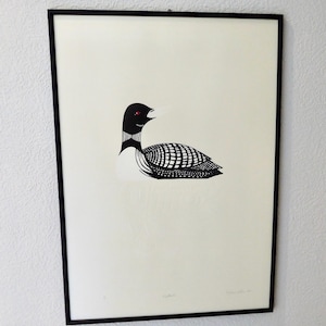 Könnte beinhalten: Gerahmter Schwarz-Weiß-Druck eines Eistauchers. Der Vogel ist in einem minimalistischen Stil dargestellt, mit einem schwarzen Kopf und Hals, einem weiß-schwarz gemusterten Körper und einem roten Auge. Das Kunstwerk ist in einem schwarzen Rahmen gerahmt.