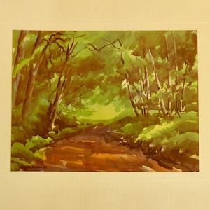 Cadeira Hugo em aquarela Linda Bretanha Forest Forest Path Print com Monte Vintage