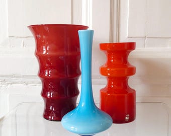 Scandinavian Art Glass Vases Collection Holmegaard Alsterfors Per Olof Ström signed Elme Glasbruk Vintage Trio