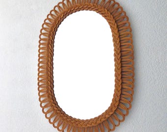 Large rattan woven wall mirror, oval mirror, true vintage object