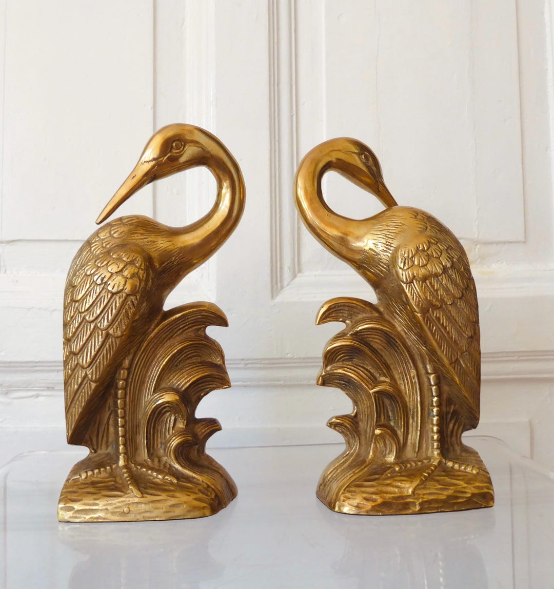 2 Sensational Heron Crane Bookends Pair Solid Brass Bird Sculpture Art ...