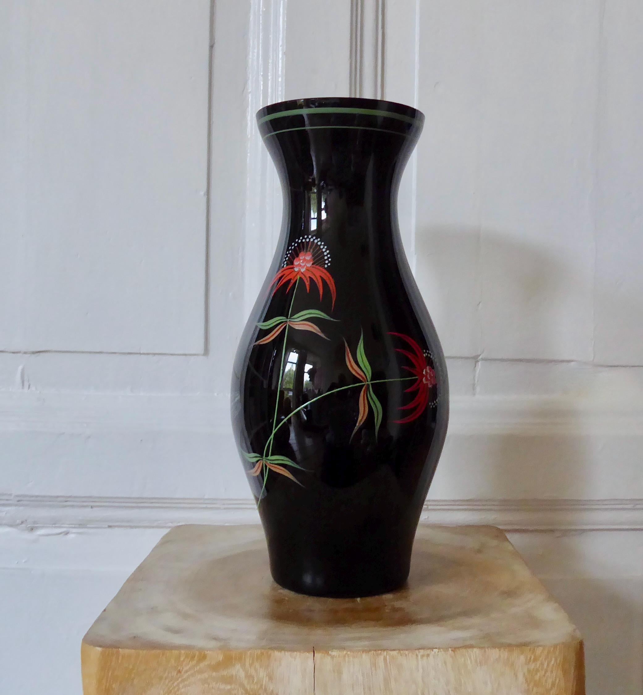 VEB Kunstglas Black Glass Hyalith Vase Hand-painted 60s True Vintage