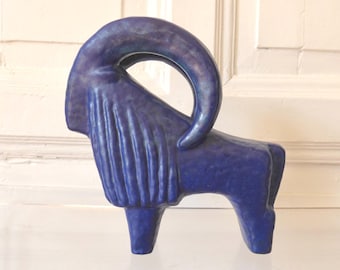 Capricorn sculpture, Karlsruhe Majolica, Dietmar Liedke, 1960s vintage art ceramics