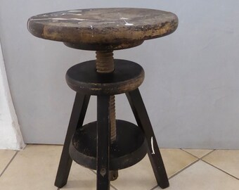 Ancient workshop studio tripod swivel stool wood height adjustable patina true vintage