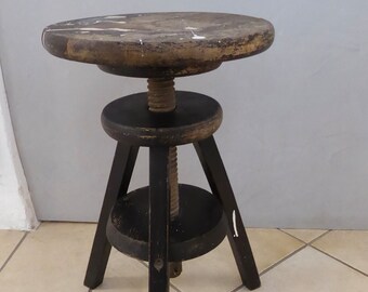 Ancien atelier atelier trépied pivotant tabouret bois hauteur réglable patine vrai vintage