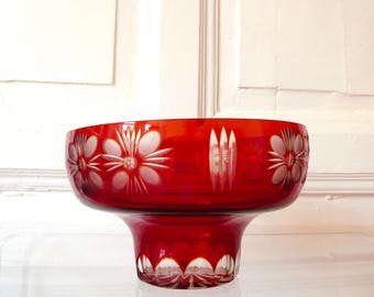 Bohemian crystal glass bowl ruby red faceted star cut true vintage