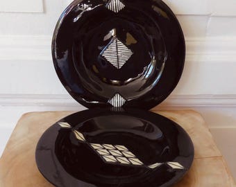 2 unique handmade porcelain plates pair of bowls Art Deco Vintage