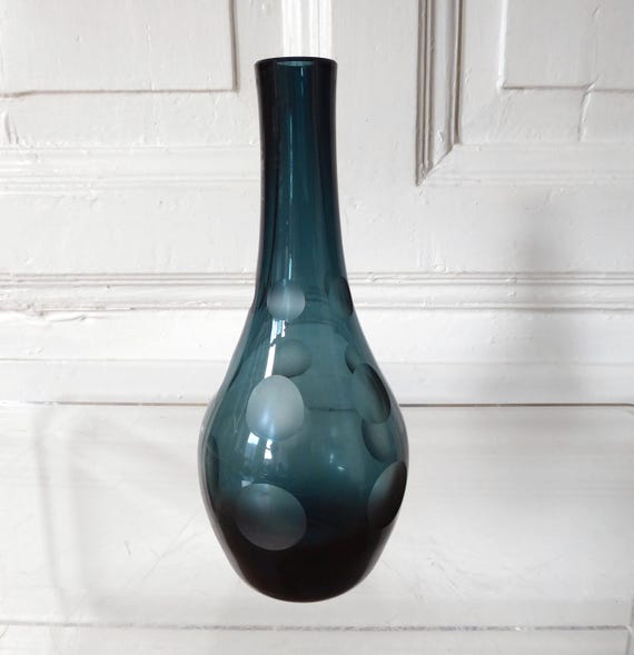 Crystal glass vase, lens cut, petrol blue, glass art object, 1960s vintage interior