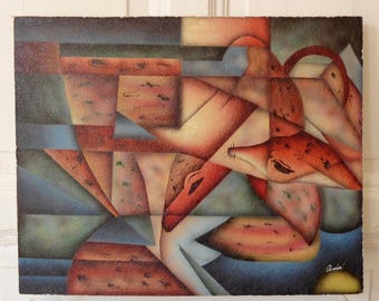 Cubist painting, foxes in the style of Franz Marc, art picture, vintage