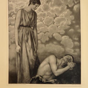 Antique art print Luna and Endymion Hans Thoma with passepartout true vintage