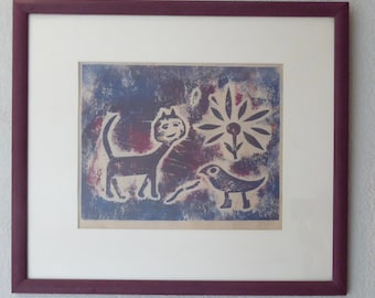 Signerat träsnitt, inramat konstverk, 57 x 50 cm, vintage