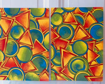 2 hand-painted abstract geometric art pictures, vintage style