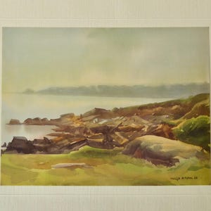 Aquarell  Hugo Stuhl Schöne Bretagne  Druck mit Passepartout Vintage