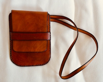 Vintage  Leder Hand Umhänge Tasche Flat Handy Bag 60er Jahre
