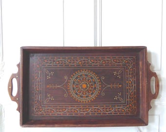 Antique Indian inlaid wooden tray, handmade, true vintage