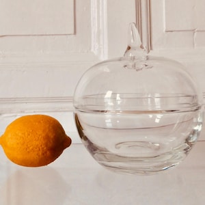 May include: A clear glass apple-shaped jar with a lid, next to a bright yellow lemon. The jar has a stem-like handle on top. The lemon has a textured peel. The background is a white wall.