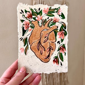 Original Art, Heart Painting, Anatomical Heart Illustration, Handmade Gift, Original Painting, Heart of Gold, Sacred Heart
