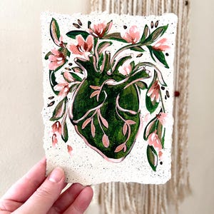 Original Art, Heart Painting, Anatomical Heart Illustration, Handmade Gift, Original Painting, Green Heart Painting, Sacred Heart