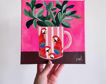 Pink Parrot Mug Painting, Succulent Still Life, Colorful Acrylic Wall Art