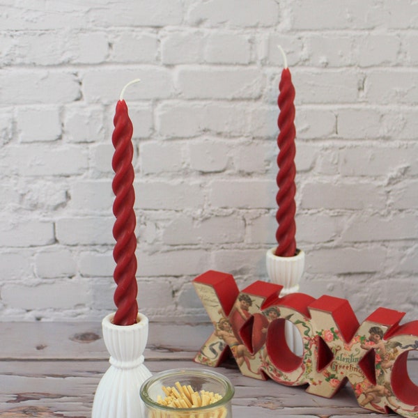 Twisted Taper Beeswax Candles, Set of 2 Handcrafted 7 Inches Long Burgundy Red Beeswax Twisted Taper Decorative Candles