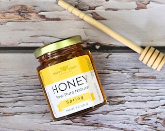 Raw Spring Ohio Honey, Hexagon Glass Jar Varietal Spring Honey Straight from the Hive to Table, Honey with Wooden Honey Dipper Optional