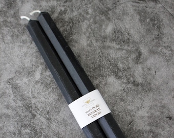 Black 10" Hexagon Taper Beeswax Candle, Two Handcrafted 10" Long Beeswax Candles, Handmade Black Beeswax Hexagonal Hygge Candle Set